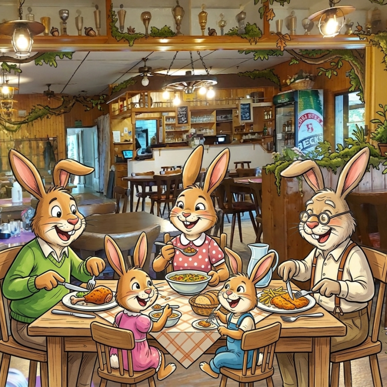 Osterhasenfamilie beim Essen Osterhasenfamilie beim Essen in Hemmis Schlemmerhütte