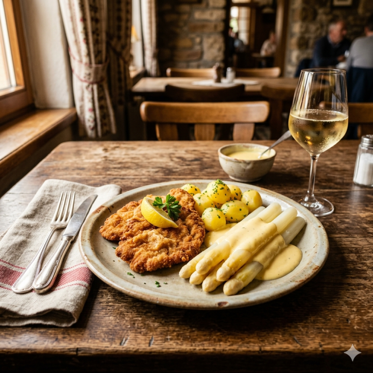 Teller mit Schnitzel, Spargel, Sauce Hollandaise une 1 Glas Weißwein