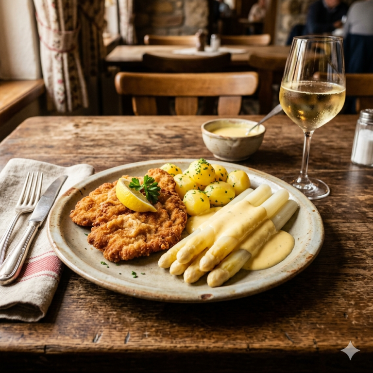 Teller mit Schnitzel, Spargel, Sauce Hollandaise une 1 Glas Weißwein